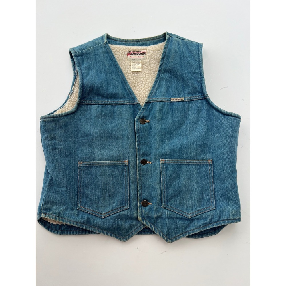 Vintage Windbreaker Denim Warm‎ Vest XL Sherpa Lined Button Front Sleeveless